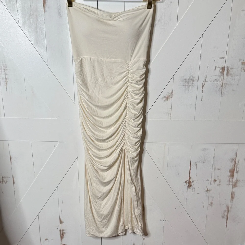 Klassy Network Cream Strapless Midi Dress with Thigh Slit